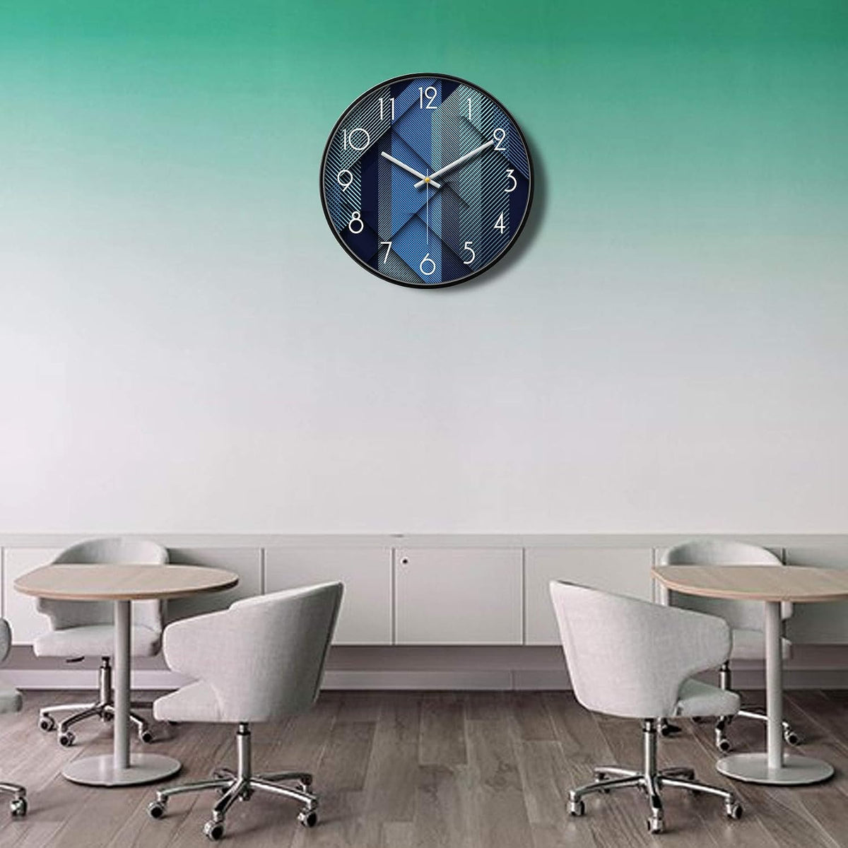 Silent Non-Ticking Analog Wall Clock, Geometric Blue Print, 12''