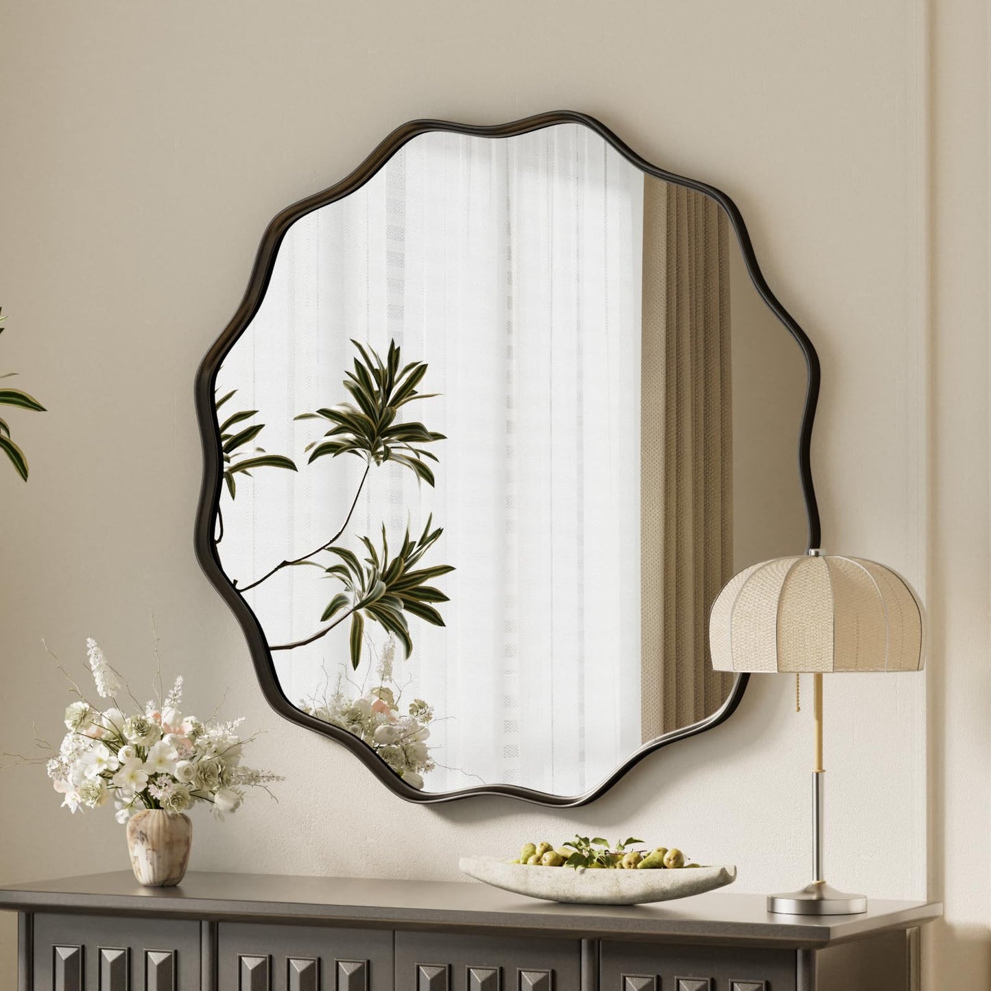 VooBang Black Scalloped Large Circle Mirror, 42" Wavy Round Wall Mirror