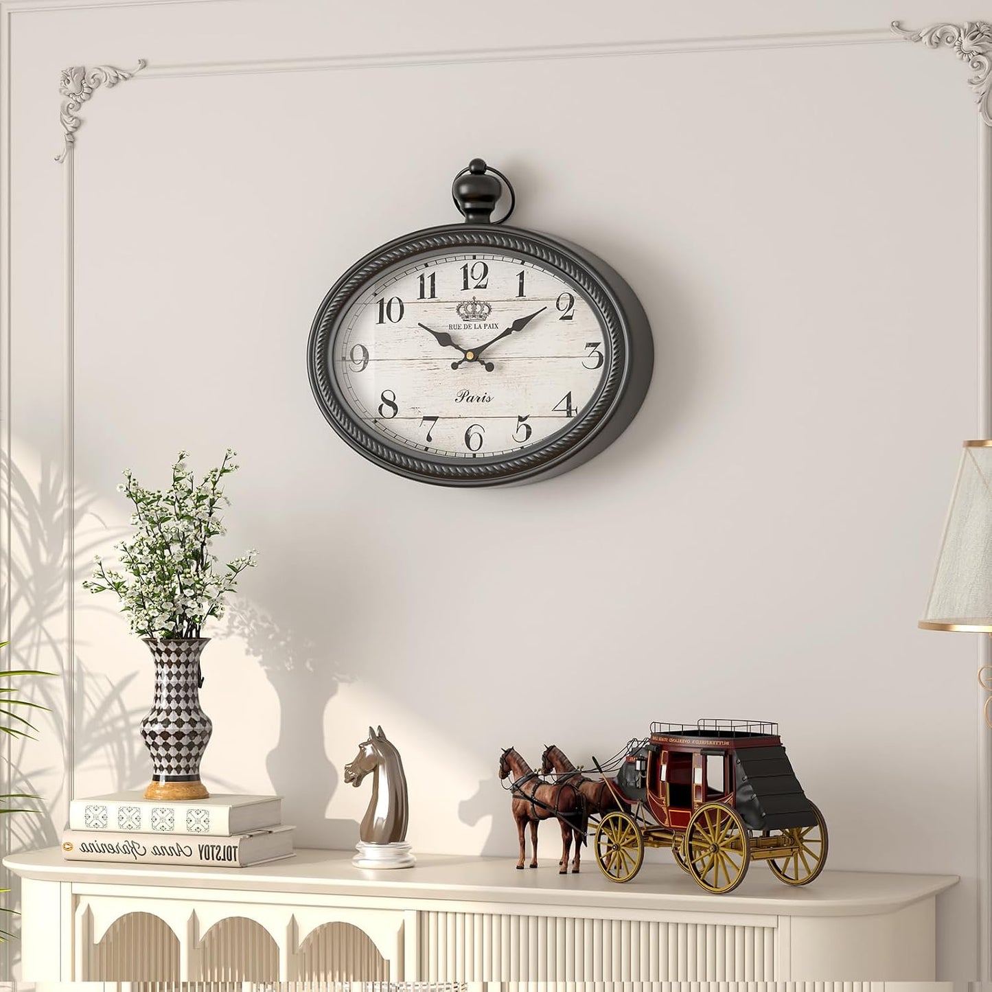 Retro Oval Wall Clock. Black Vintage Antique Style