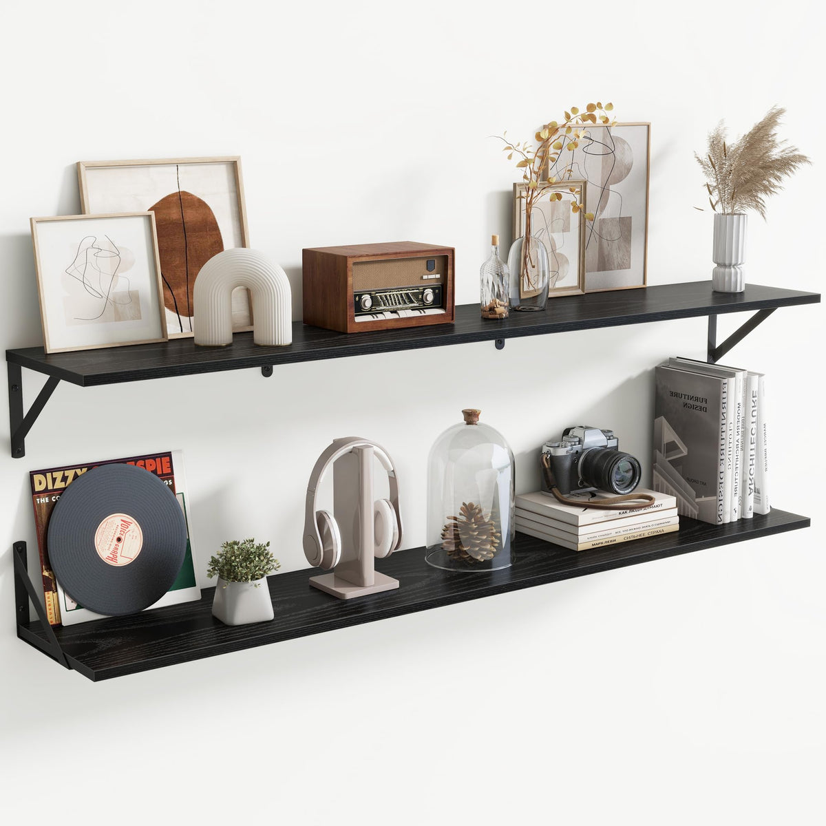 Acovy Deep Floating Shelves Wall Mounted, 36"x12" Brown Wood Shelves with Brackets Set of 2 for Bedroom, Living Room, Bathroom, Kitchen, Office - Storage & Display Shelf for Decor, Books, Plants