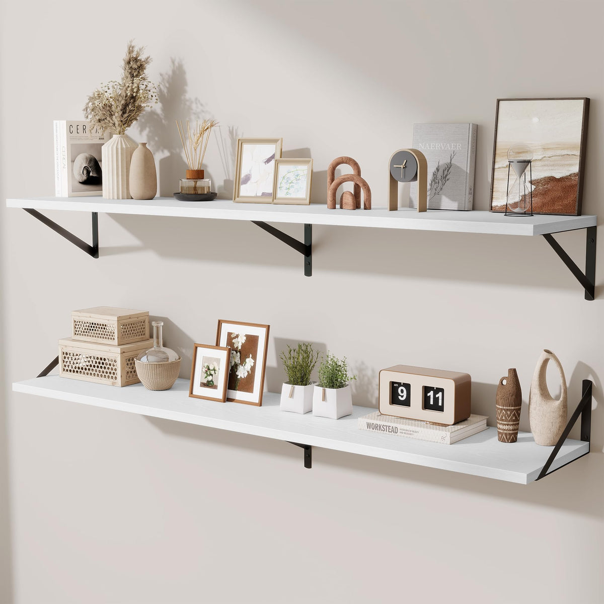 Acovy Deep Floating Shelves Wall Mounted, 36"x12" Brown Wood Shelves with Brackets Set of 2 for Bedroom, Living Room, Bathroom, Kitchen, Office - Storage & Display Shelf for Decor, Books, Plants