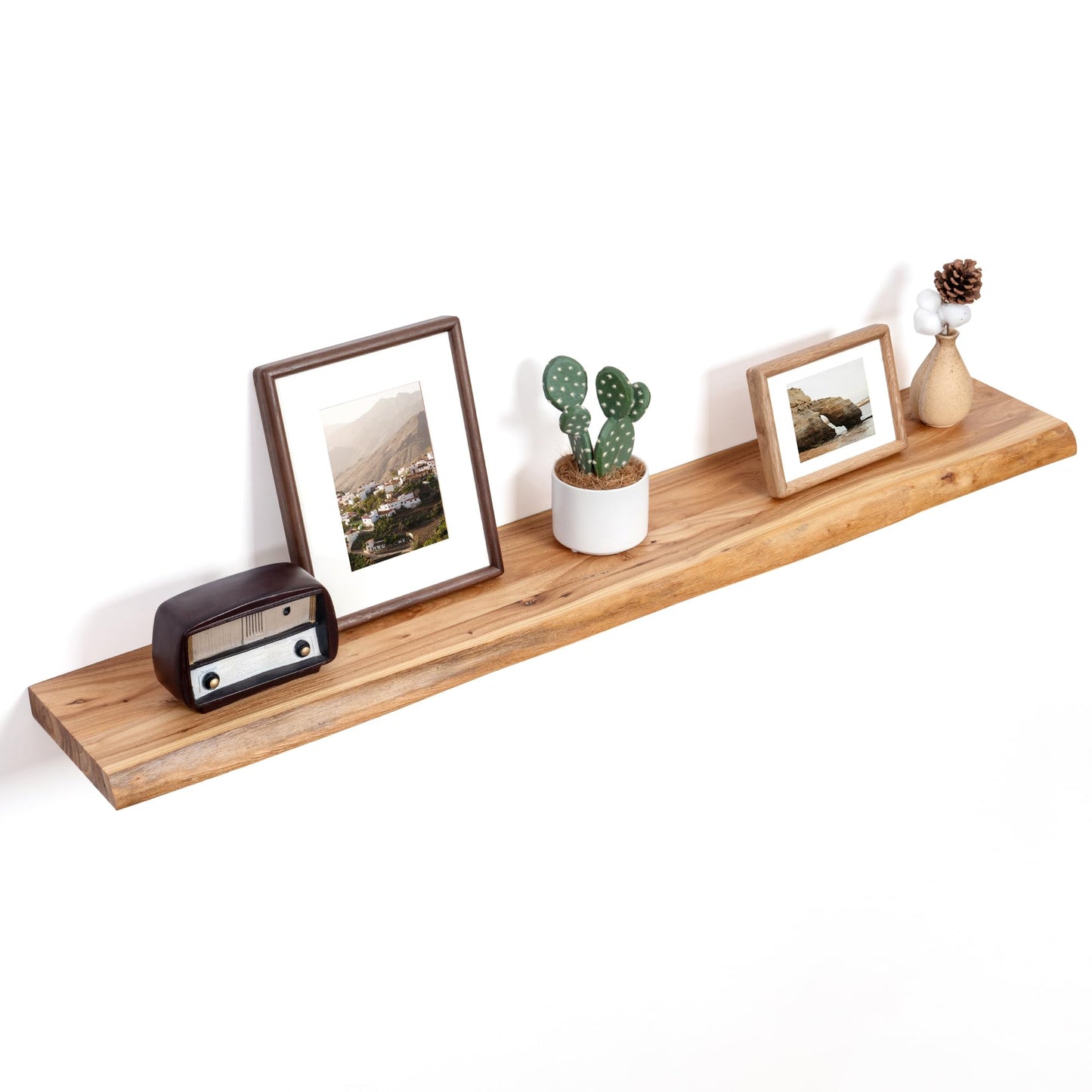 Floating Shelves for Wall Decor, Rustic Solid Elm Wood Live Edge Floating Shelves Wall Mounted, Wall Shelves with Invisible Bracket for Living Room Bathroom Bedroom Kitchen, 24 Inch Set of 2, Natural