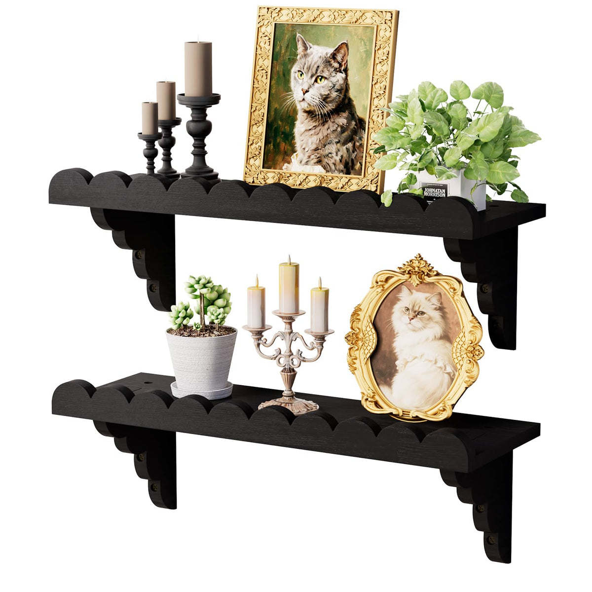 QsQueen Scalloped Wood Wall Shelf – 17 Inch Floating Shelf with Wood Brackets, Easy to Install Rustic Wall Shelf for Living Room, Bedroom, Bathroom, or Any Space