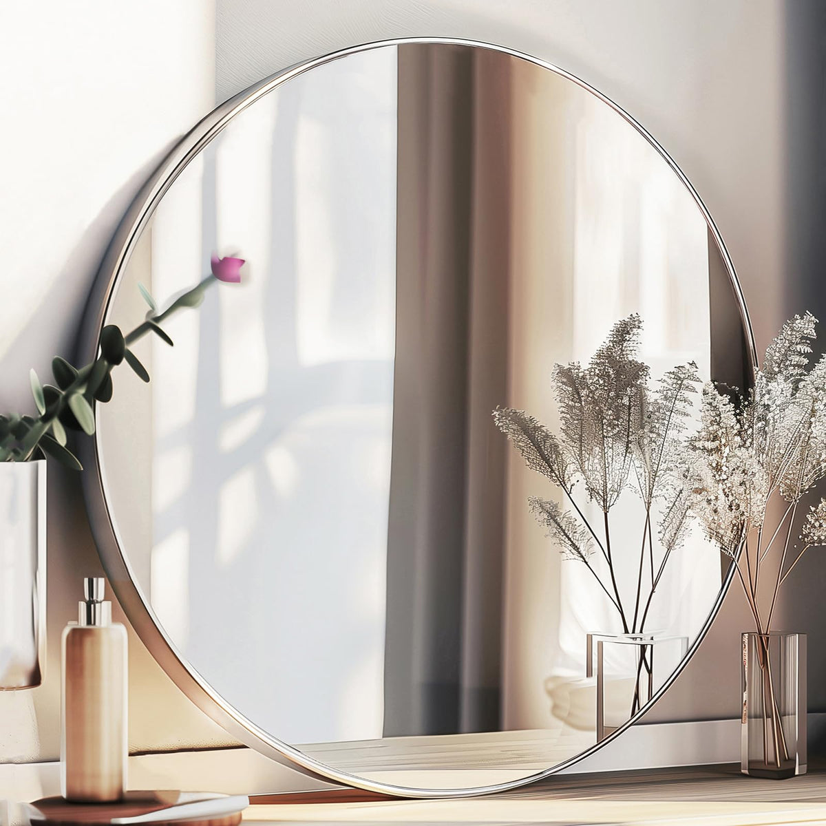 Sunniry Black Round Mirror, Round Mirror 24 inch, Matte Black Metal Frame