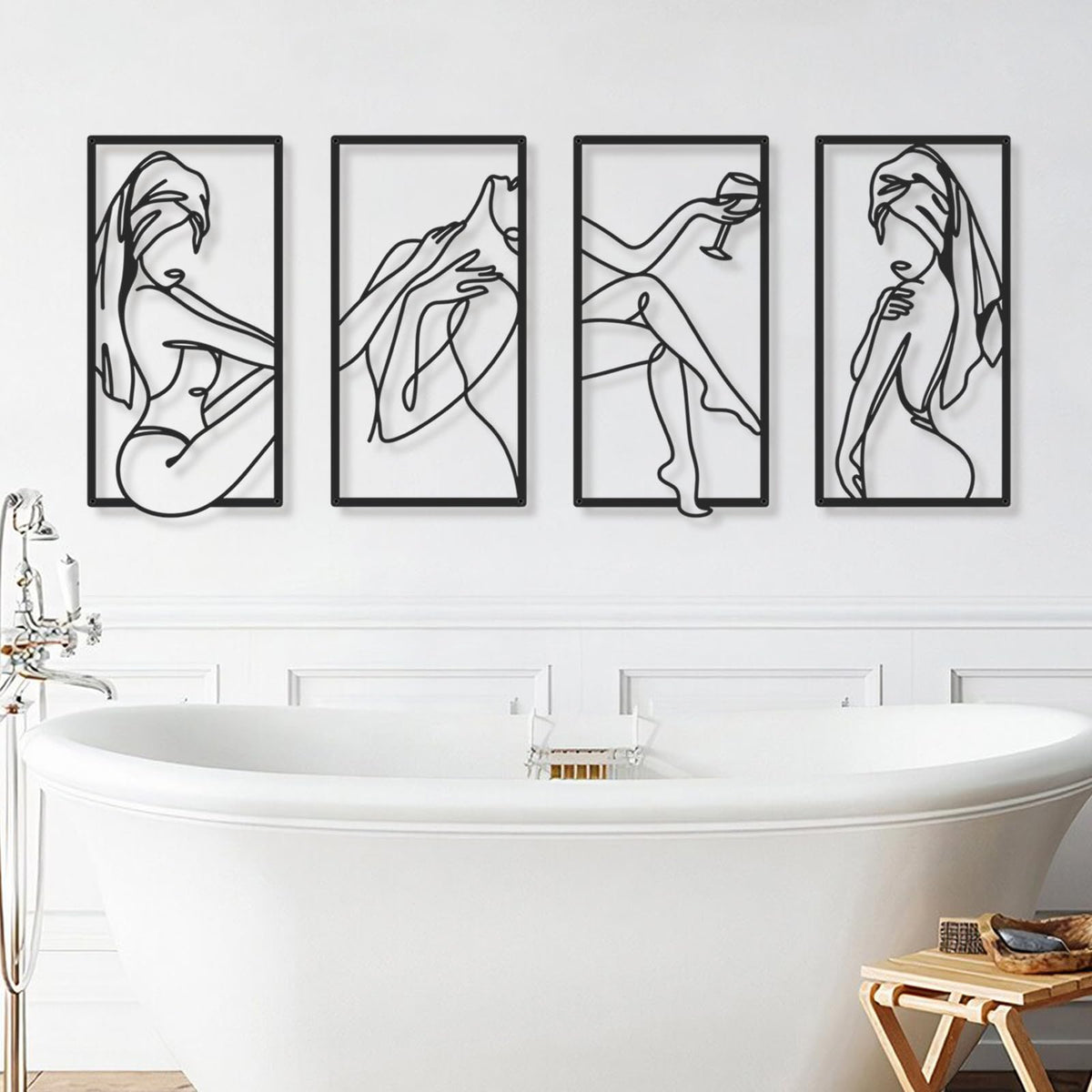 Black Metal Abstract Wall Art, Minimalist Woman Flower Bathroom Wall Decor