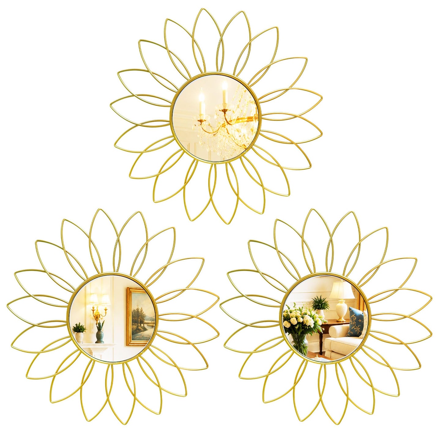 3 Pack Metal Mirrors for Wall Sunburst Wall Mirrors Home Décor Decorative Hanging Wall Art for Living Room Bedroom Entryway (Gold, Flower+Sunburst)