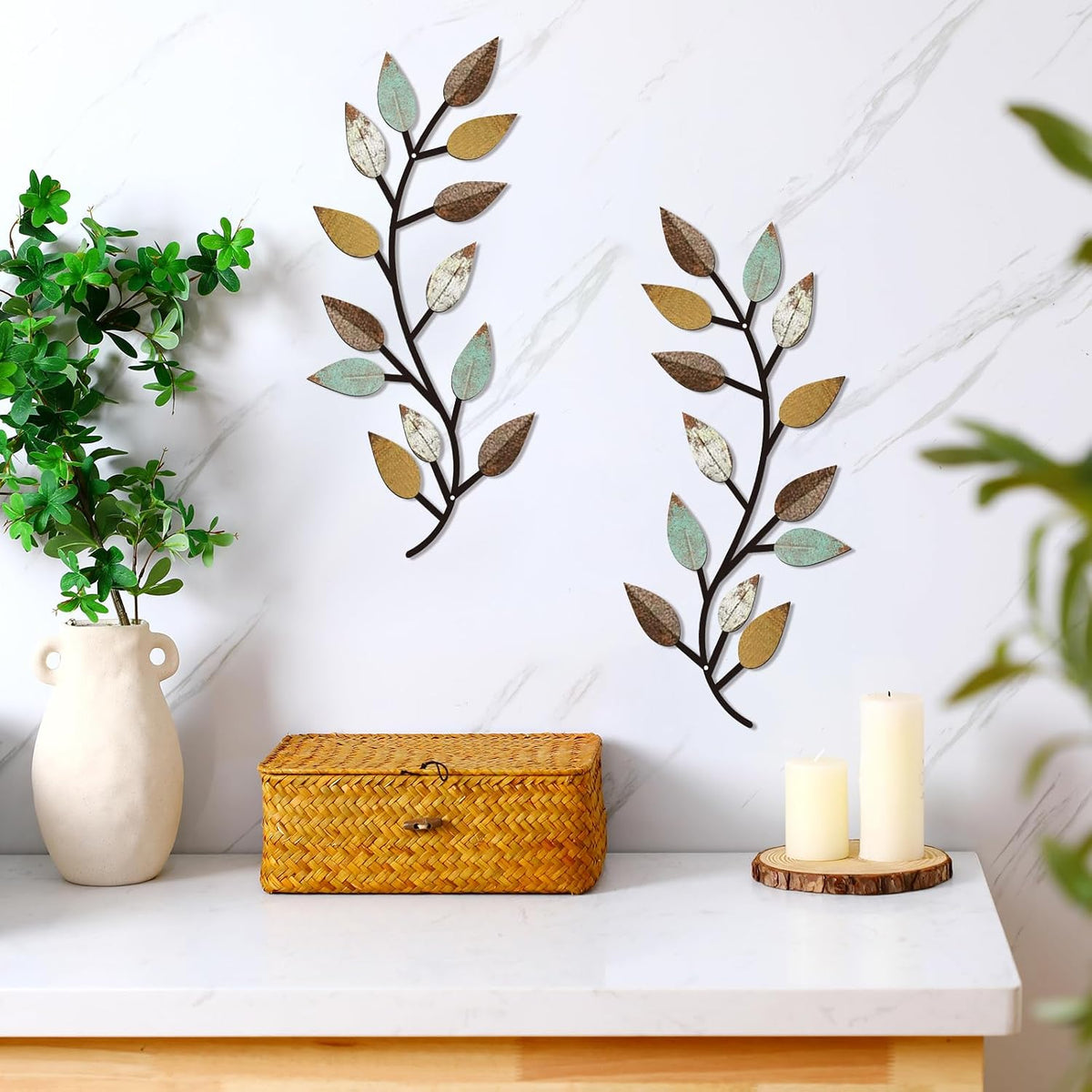 Zhengmy 2 Pcs Metal Leaf Wall Art Vine Branch Decor,Bright Colors