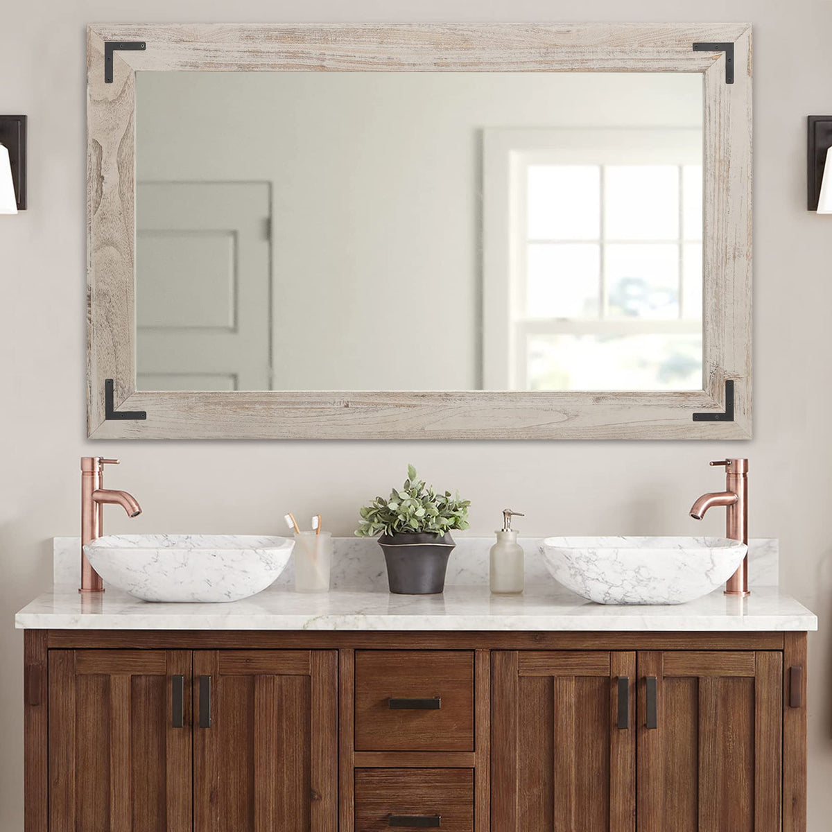 YOSHOOT Rustic Wooden Framed Wall Mirror, Natural Wood Bathroom Vanity Mirror for Farmhouse Decor, Vertical or Horizontal Hanging (26" x 18", Brown)