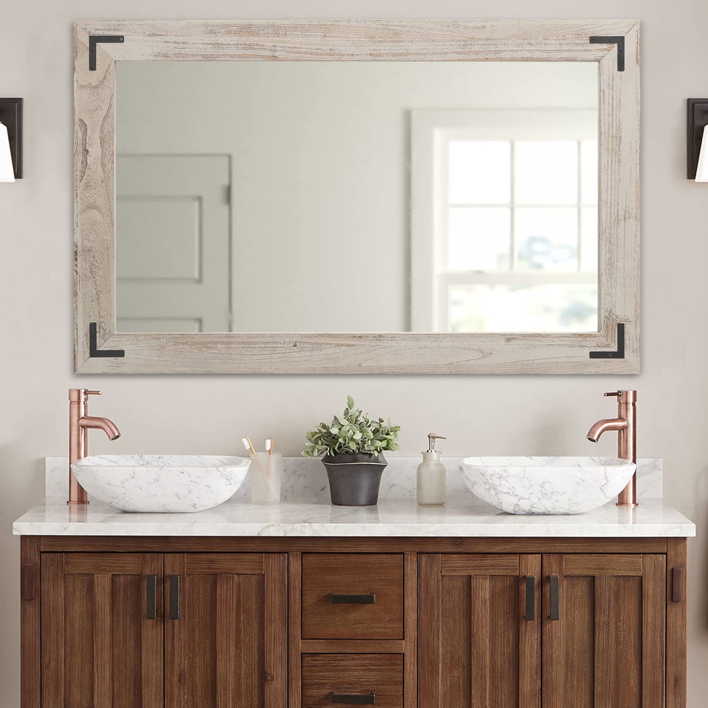 YOSHOOT Rustic Wooden Framed Wall Mirror, Natural Wood Bathroom Vanity Mirror for Farmhouse Decor, Vertical or Horizontal Hanging (26" x 18", Brown)