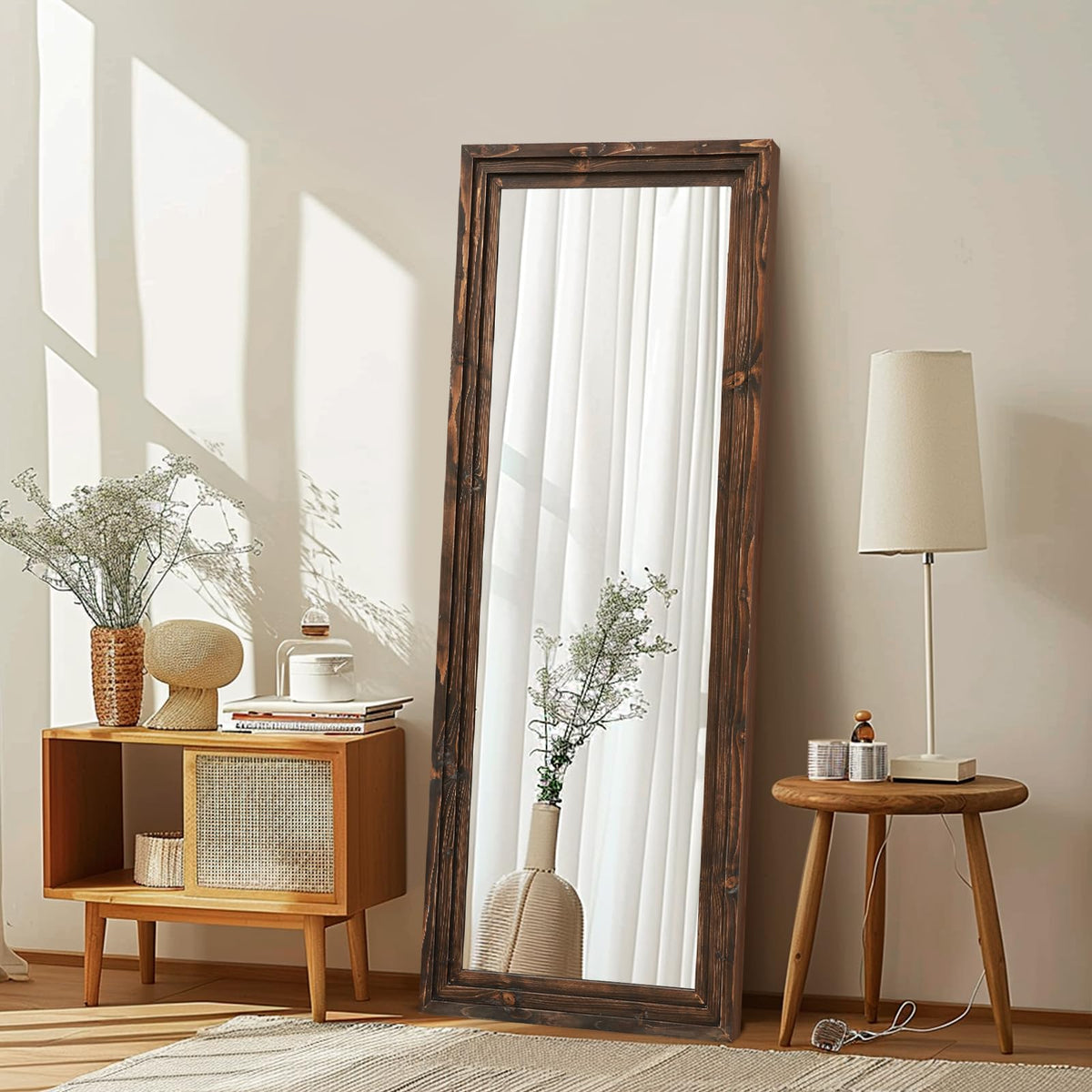 48x16in Oval Full Length Mirror Solid Wood Frame, Brown
