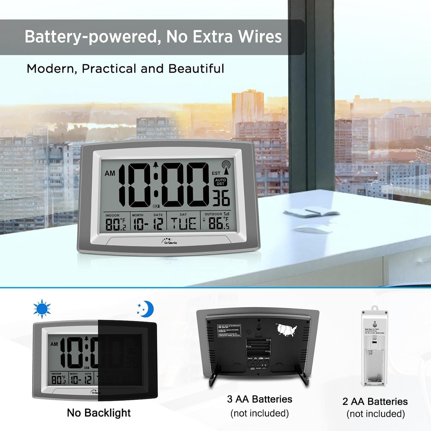 WallarGe Atomic Clock 12.5 Inch Self-Setting Digital Wall Clock