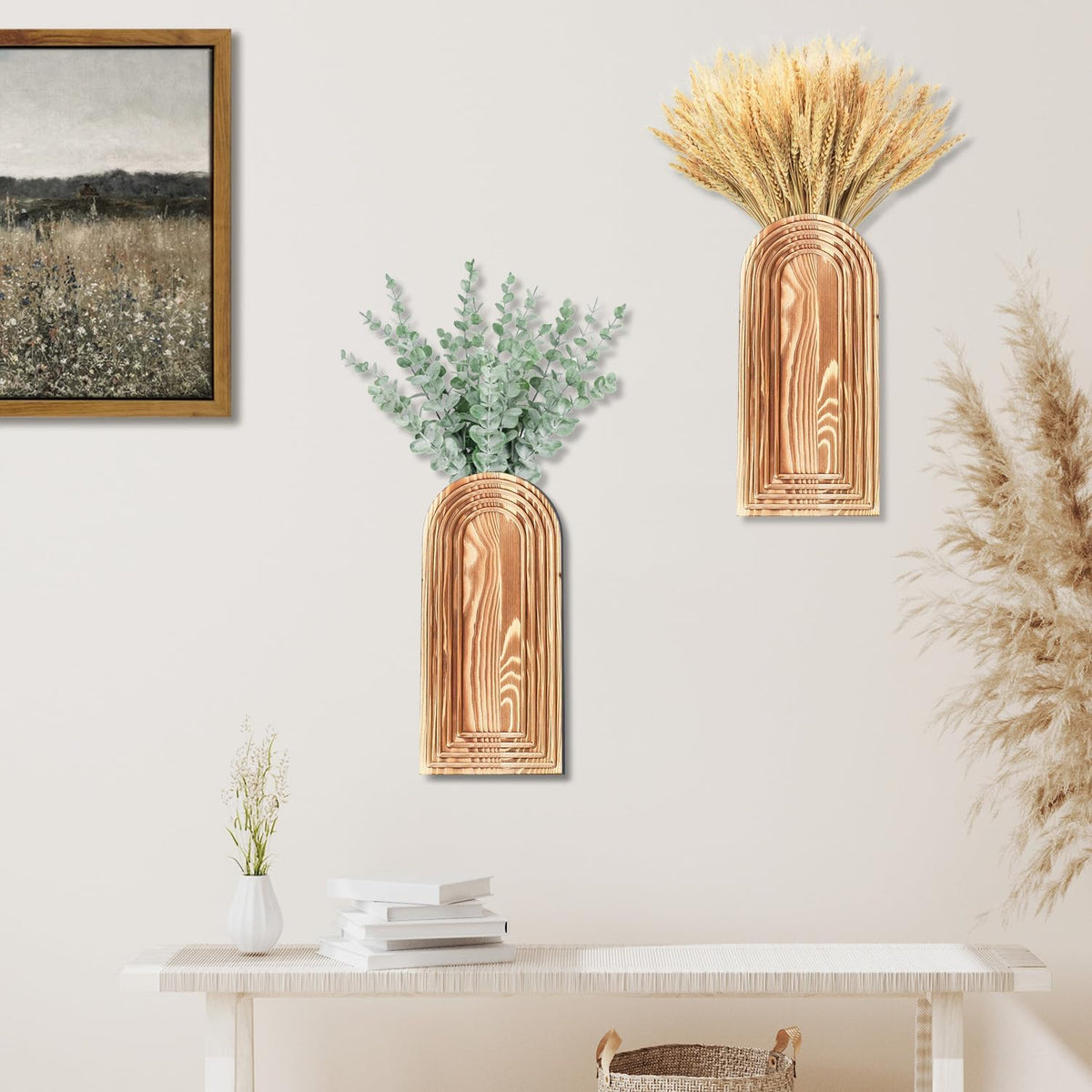 Dnnnii 2 Pack Wooden Wall Vase Set - Brown Finish Modern Farmhouse & Boho Wall Decor for Entryway, Hallway, Bathroom, Living Room, Dining Room, Narrow Spaces