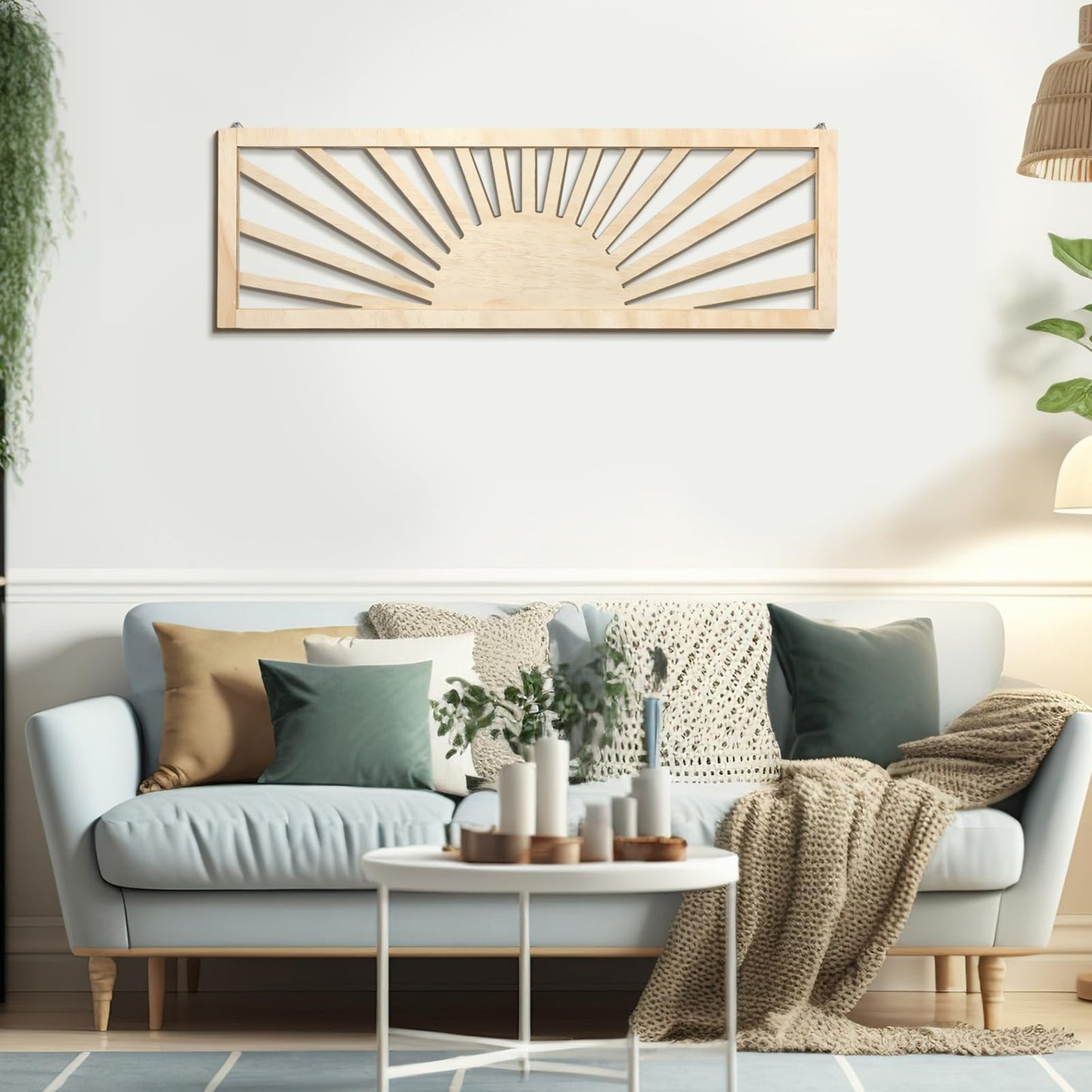 Burbell Horizontal Sun Wall Art 35"x12" Boho Wooden Room Decor,Dark Brown