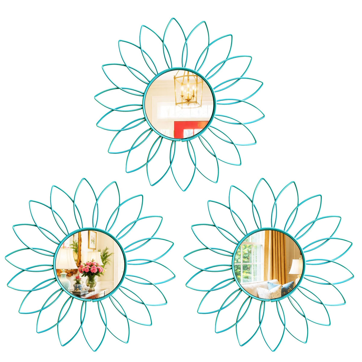 3 Pack Metal Mirrors for Wall Sunburst Wall Mirrors Home Décor Decorative Hanging Wall Art for Living Room Bedroom Entryway (Gold, Flower+Sunburst)