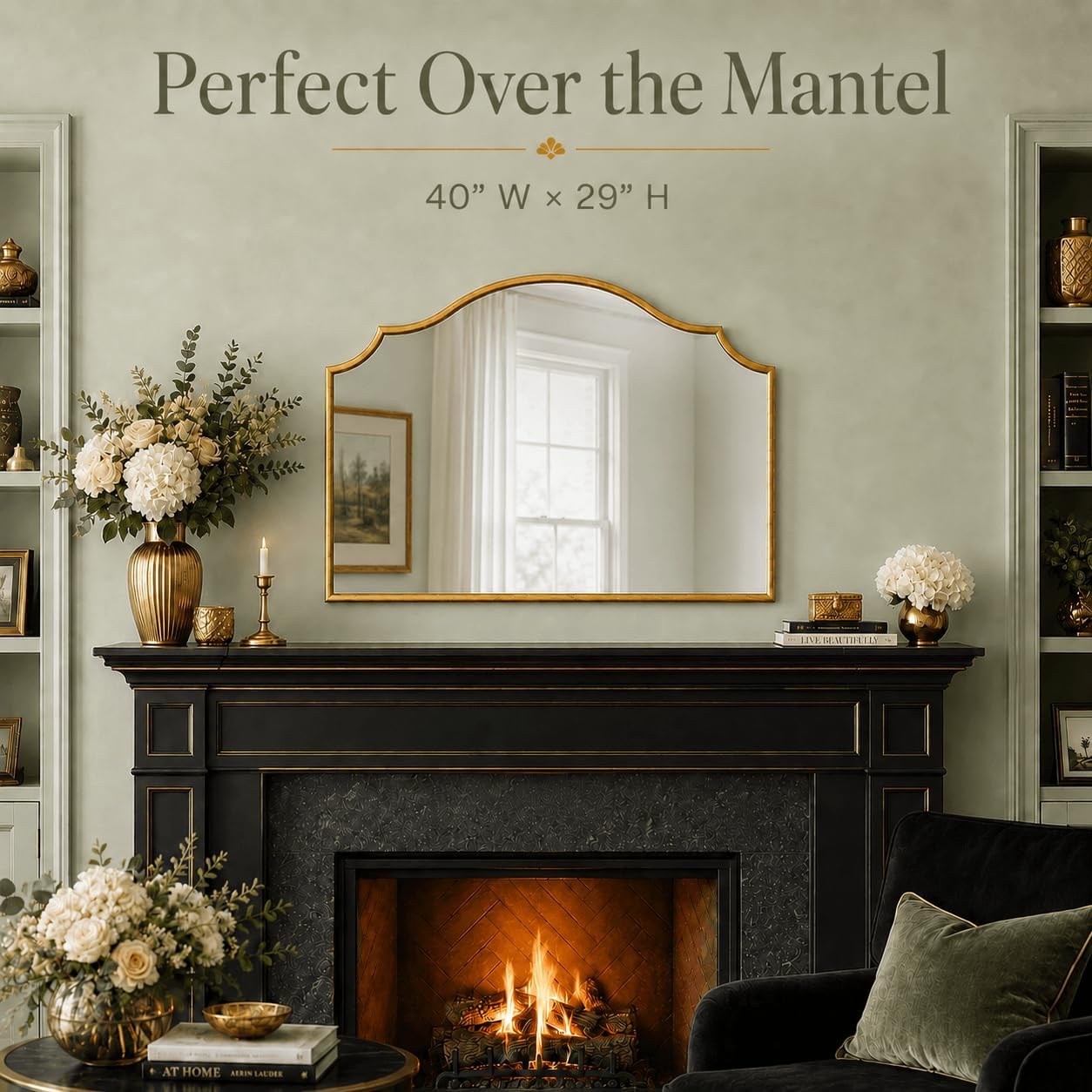 40"x29" Large Arched Gold Wall Mirror,Scalloped Edge Modern Bathroom Mirror