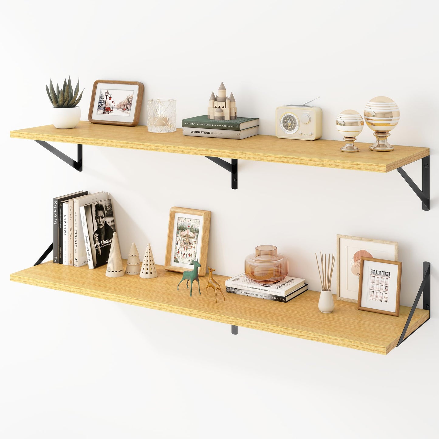 Acovy Deep Floating Shelves Wall Mounted, 36"x12" Brown Wood Shelves with Brackets Set of 2 for Bedroom, Living Room, Bathroom, Kitchen, Office - Storage & Display Shelf for Decor, Books, Plants