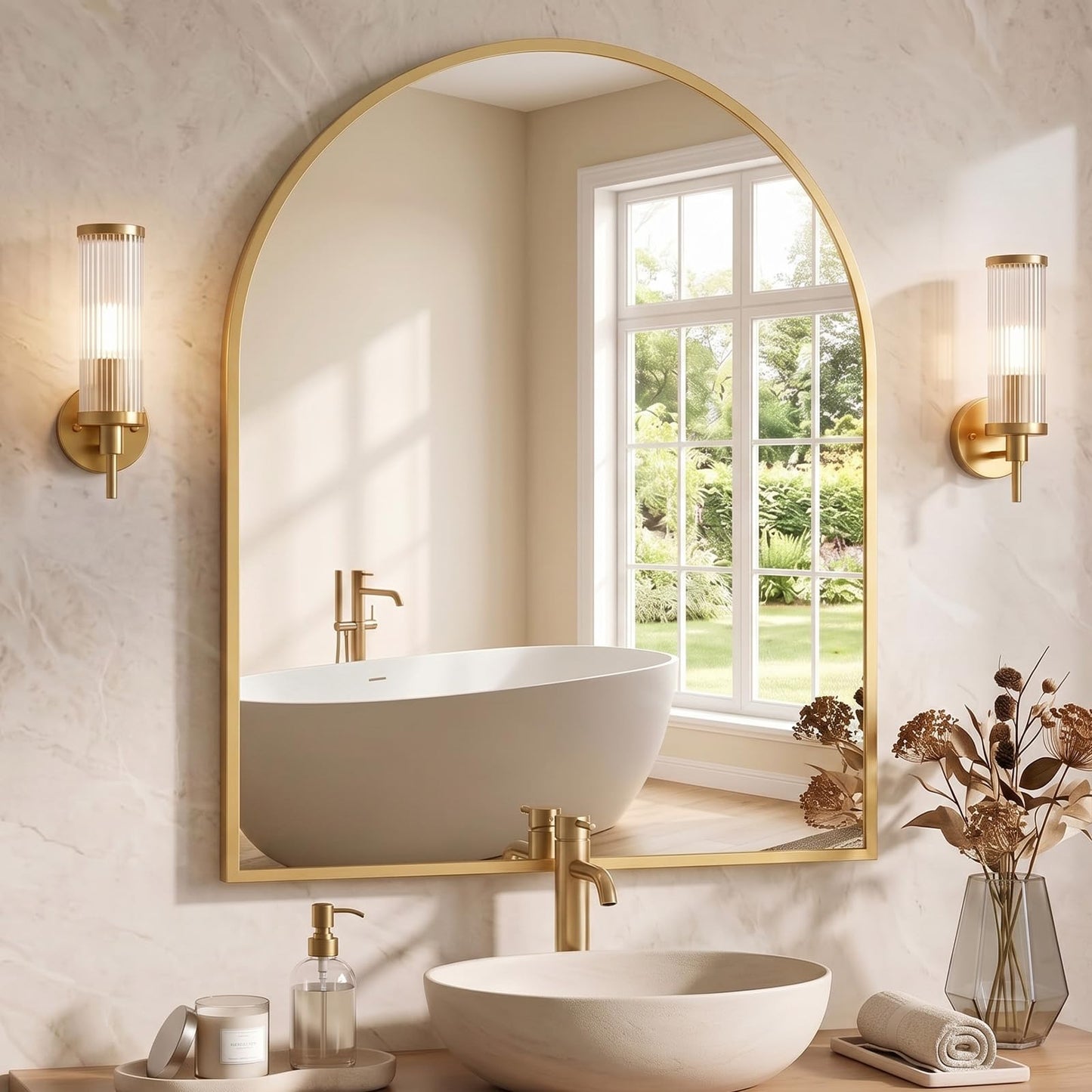 NEWBULIG 20X30 Inch Arched Bathroom Wall Mirror for Over Sink, Gold