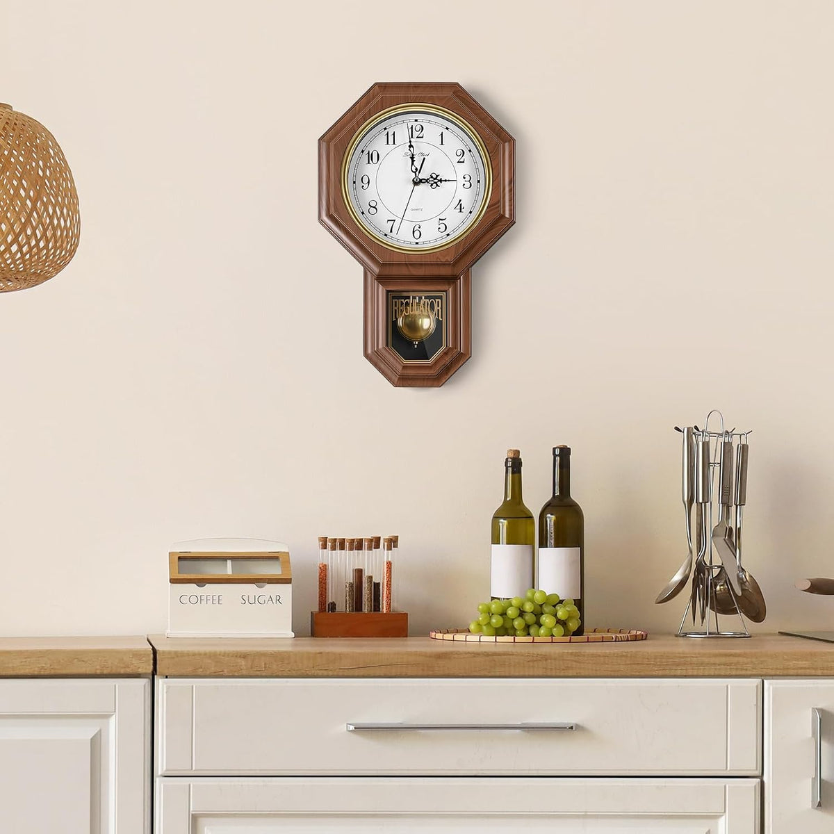 Pendulum Wall Clock,Imitation Wood Plastic Regulator Wall Clocks,Brown