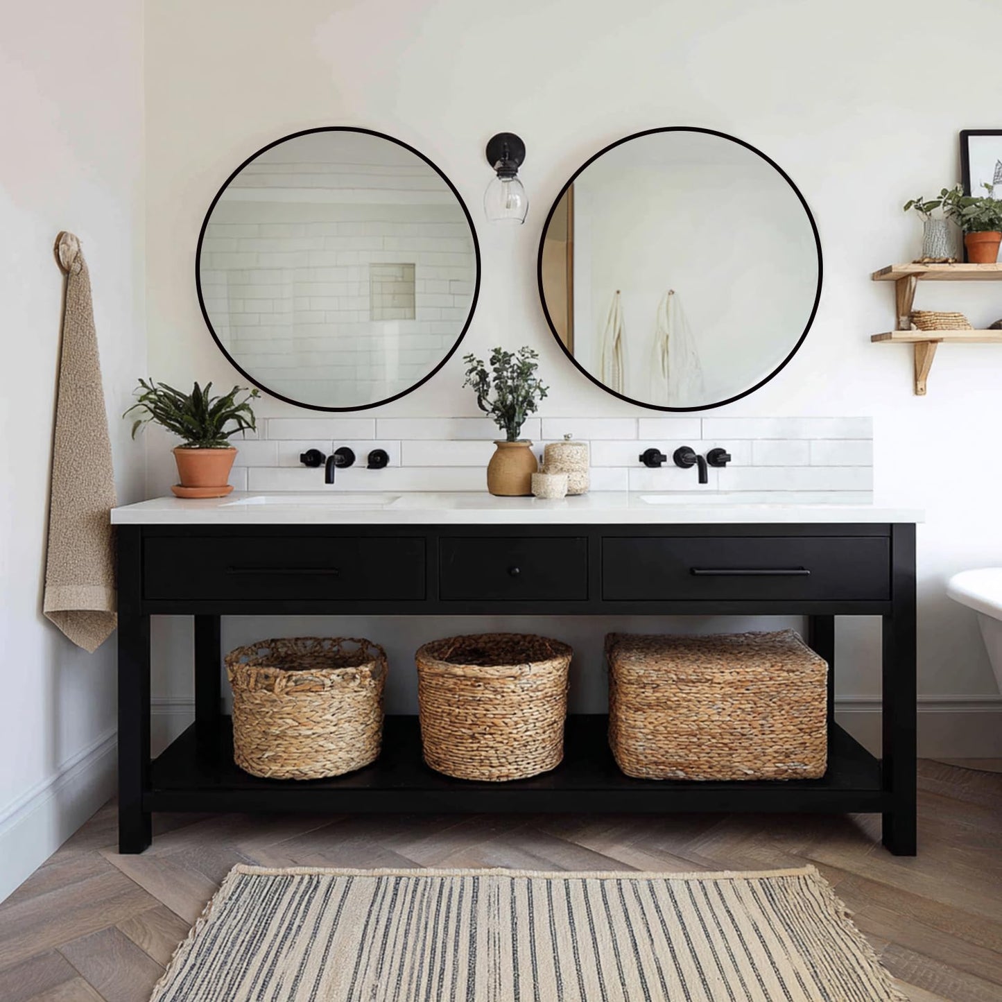 Sunniry Black Round Mirror, Round Mirror 24 inch, Matte Black Metal Frame