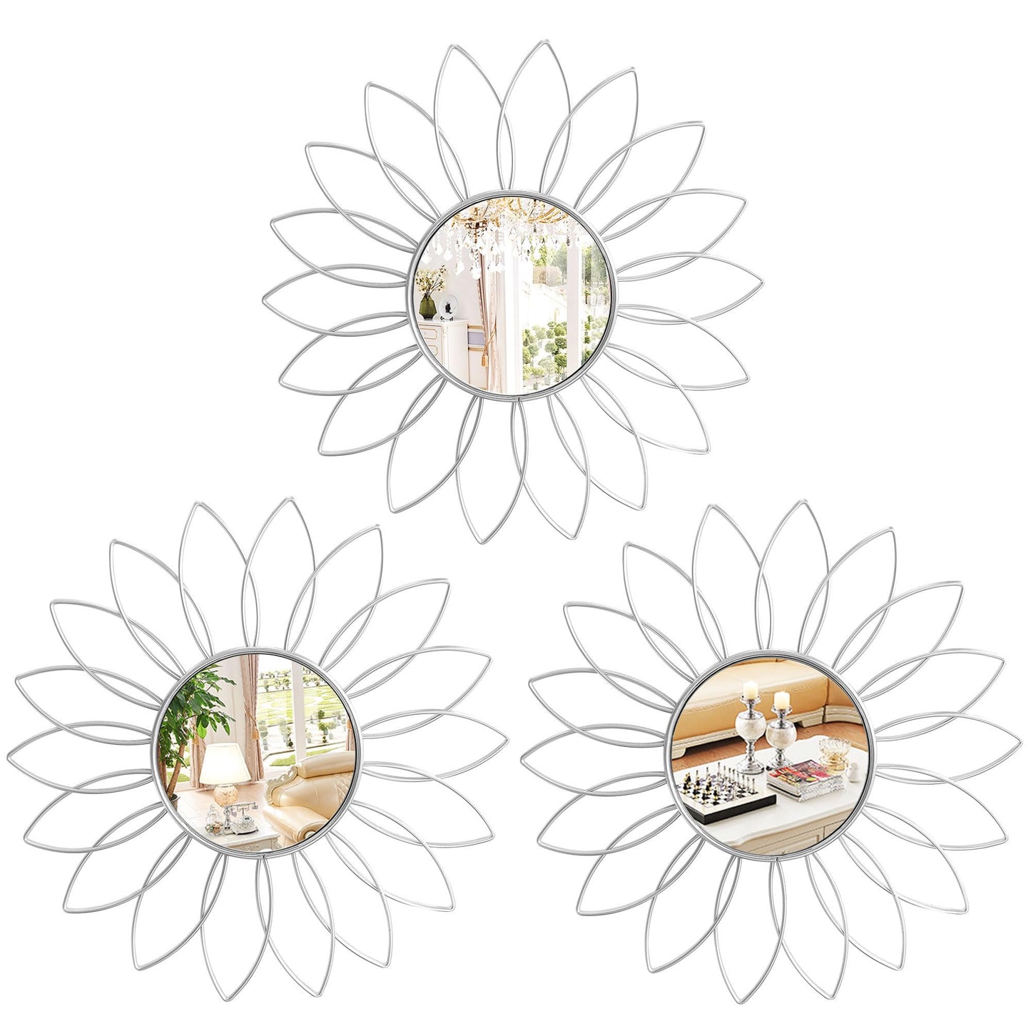 3 Pack Metal Mirrors for Wall Sunburst Wall Mirrors Home Décor Decorative Hanging Wall Art for Living Room Bedroom Entryway (Gold, Flower+Sunburst)