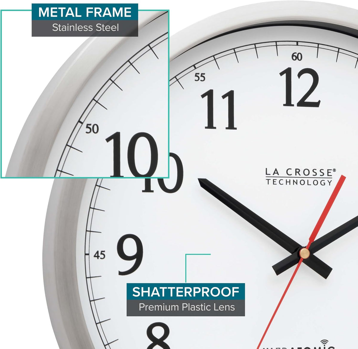 La Crosse Technology 404-1235UA-PL UltrAtomic 14 inch Stainless Steel Wall Clock, Shatterproof Lens, Silver