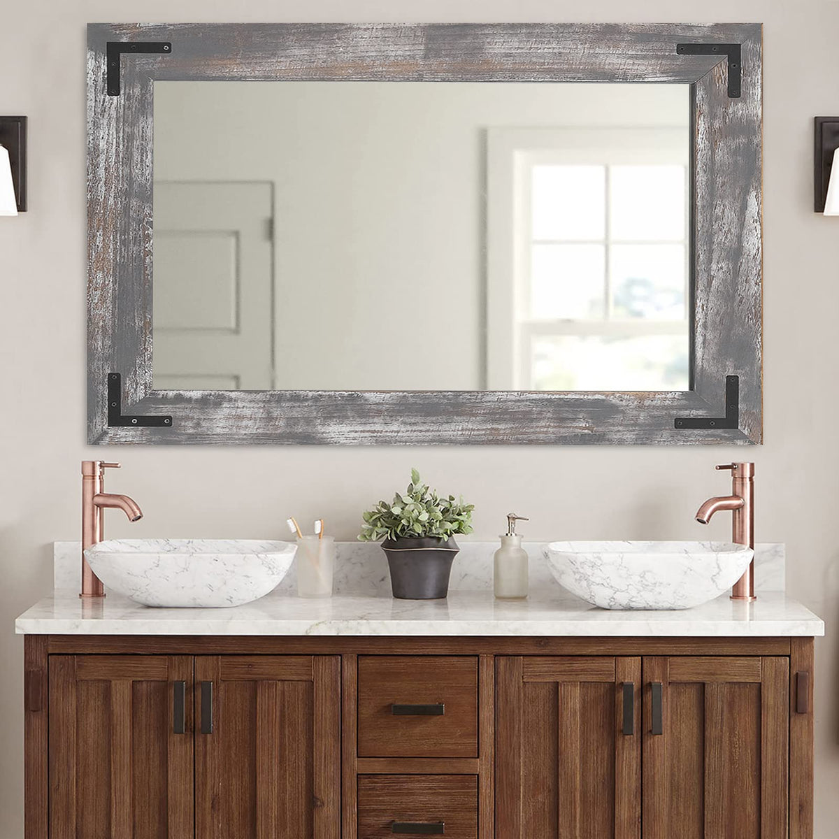 YOSHOOT Rustic Wooden Framed Wall Mirror, Natural Wood Bathroom Vanity Mirror for Farmhouse Decor, Vertical or Horizontal Hanging (26" x 18", Brown)