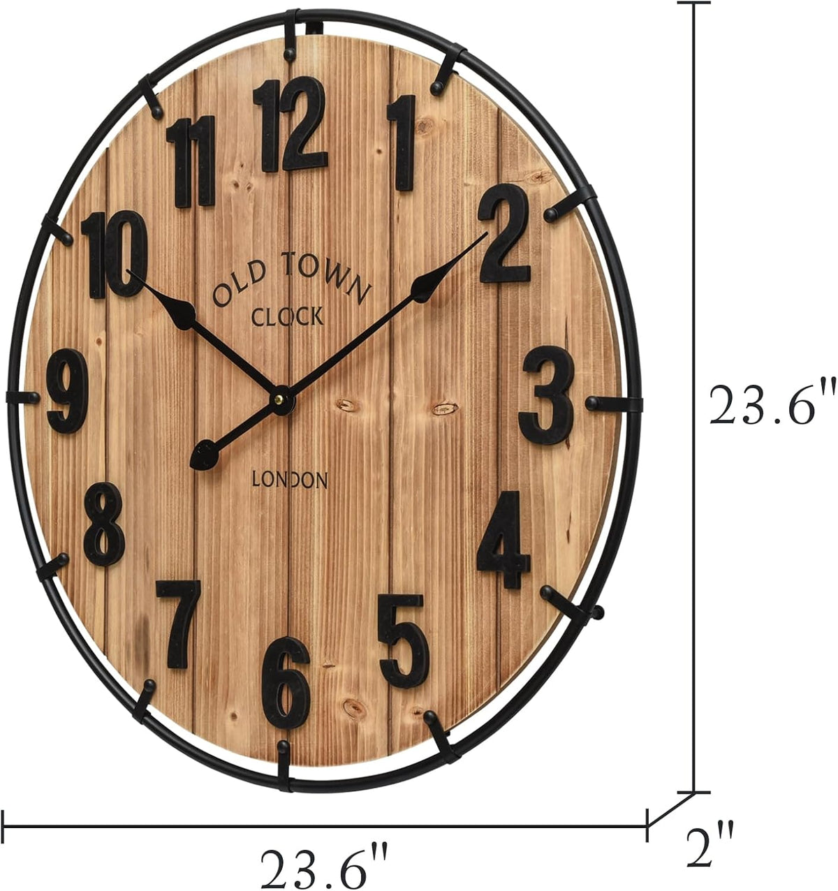 24 Inch Farmhouse Wall Clock Large Old Town Vintage Rustic Wooden Clock with Metal Rim and Large Numerals, Silent Battery-Operated for Office, Kitchen, Bedroom, and Living Room