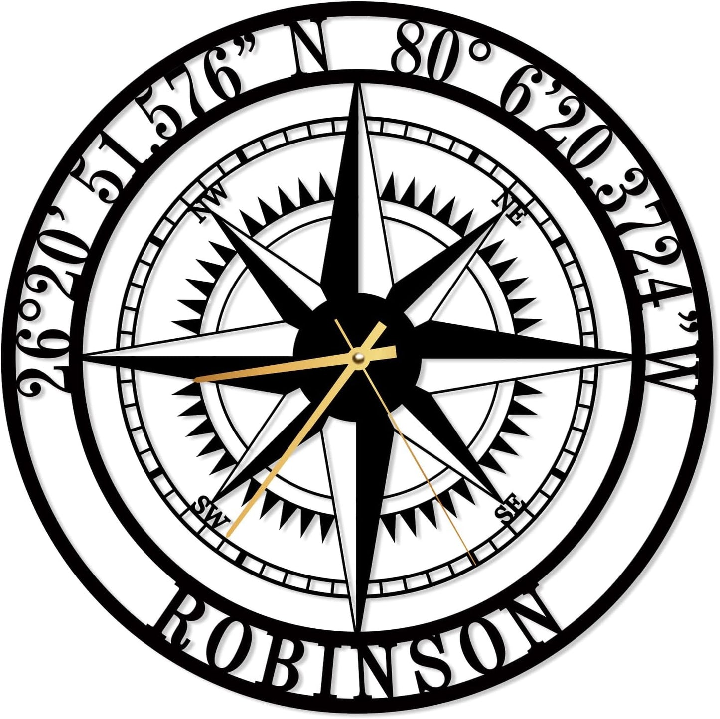 Custom Compass Wall Clock Metal Sign Clock Latitude Longitude House Gift