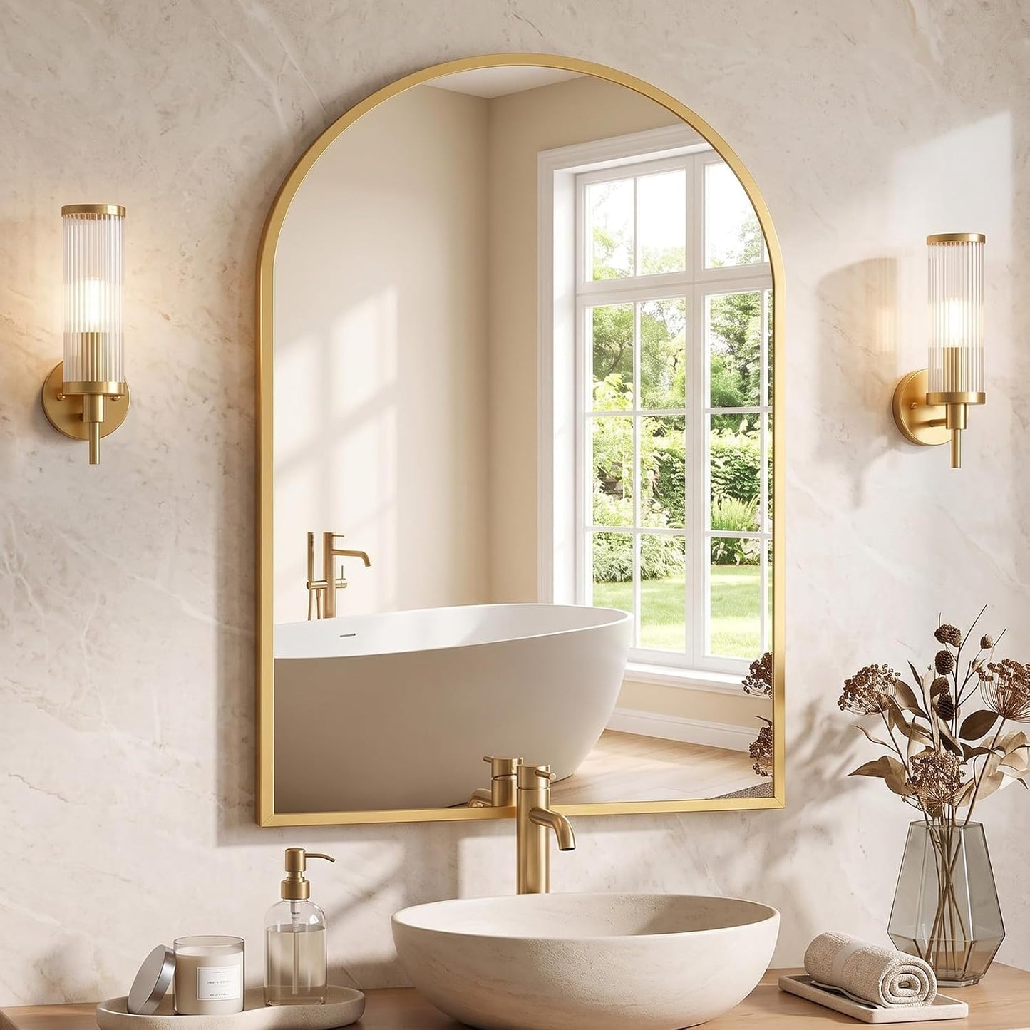 NEWBULIG 20X30 Inch Arched Bathroom Wall Mirror for Over Sink, Gold