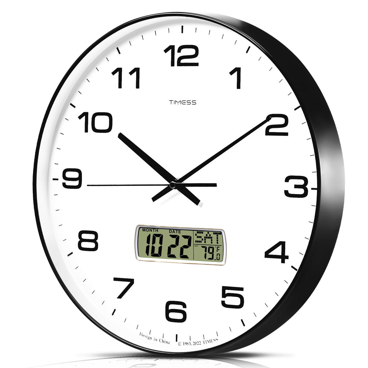 TIMESS Wall Clock, 10" Dial Non-Ticking Silent Battery Operated Analog with LCD Display for Perpetual Calendar and F° Temperature, Ideal Modern Home, Bedroom, Kitchen, Office Decor (Black)