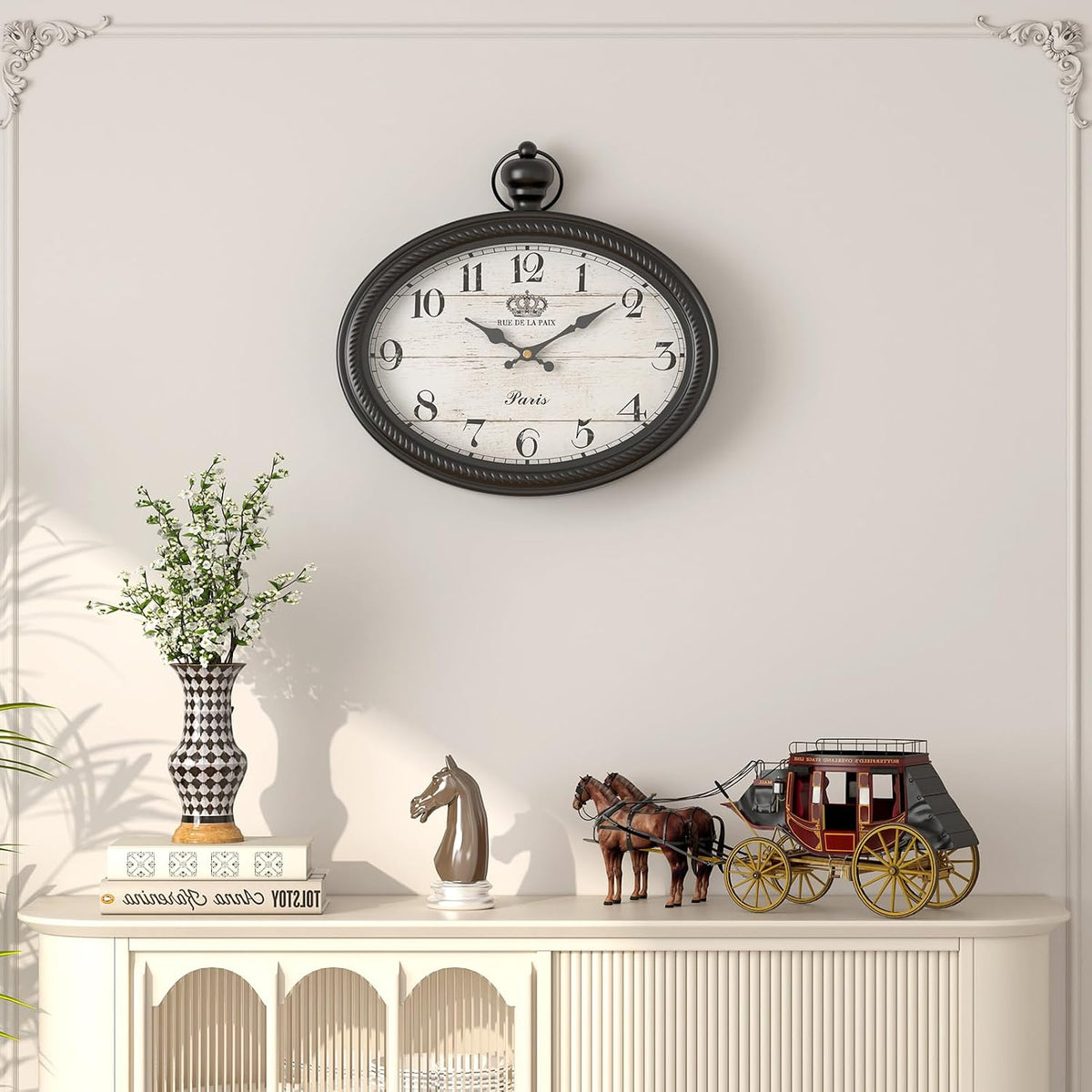 Retro Oval Wall Clock. Black Vintage Antique Style
