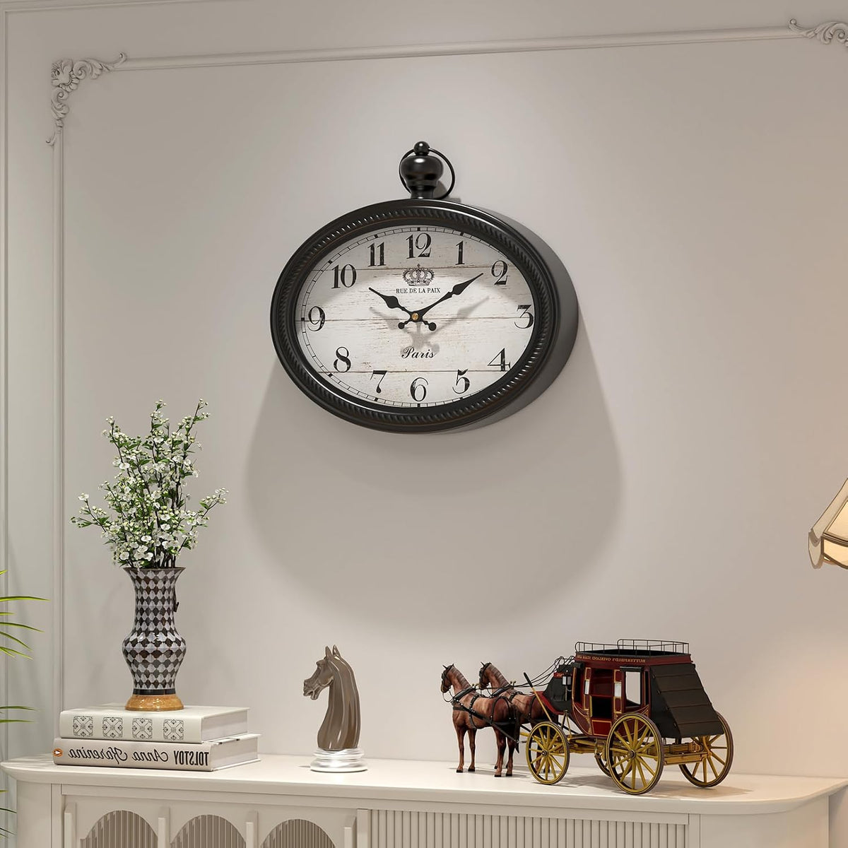 Retro Oval Wall Clock. Black Vintage Antique Style