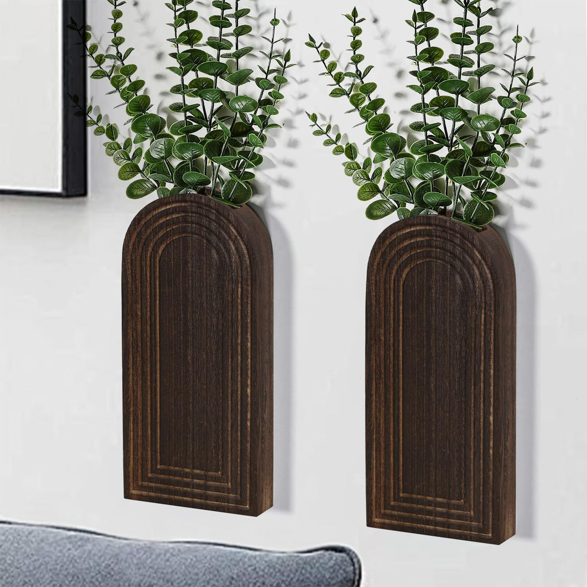 Dnnnii 2 Pack Wooden Wall Vase Set - Brown Finish Modern Farmhouse & Boho Wall Decor for Entryway, Hallway, Bathroom, Living Room, Dining Room, Narrow Spaces
