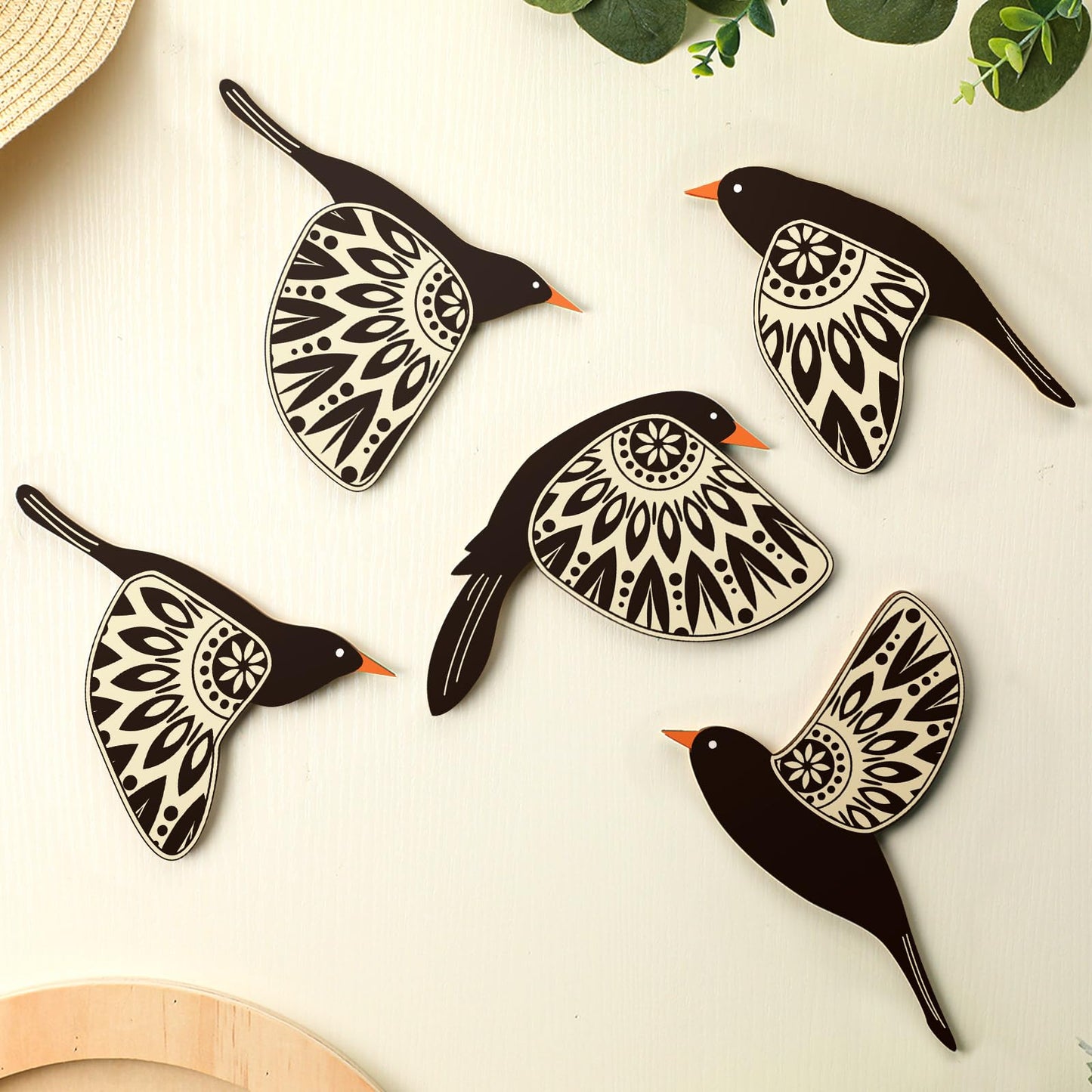 Barydat 5 Pcs Wooden Bird Wall Art decor folk Birds art Decor,Black