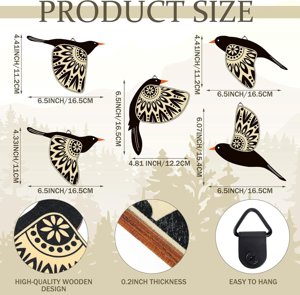 Barydat 5 Pcs Wooden Bird Wall Art decor folk Birds art Decor,Black