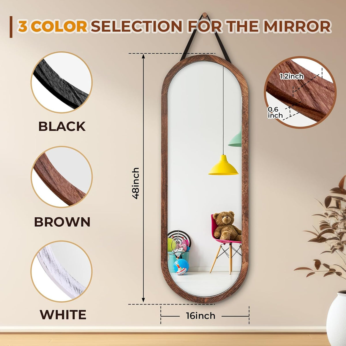 48x16in Oval Full Length Mirror Solid Wood Frame, Brown