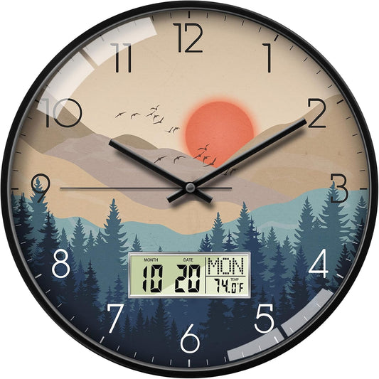 12" Wilderness Sunset Wall Clock, Analog Clock with Digital Display