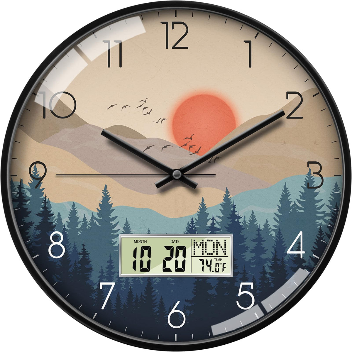 12" Wilderness Sunset Wall Clock, Analog Clock with Digital Display