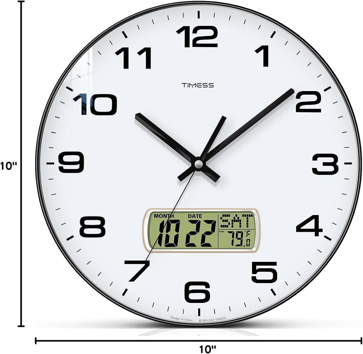 TIMESS Wall Clock, 10" Dial Non-Ticking Silent Battery Operated Analog with LCD Display for Perpetual Calendar and F° Temperature, Ideal Modern Home, Bedroom, Kitchen, Office Decor (Black)
