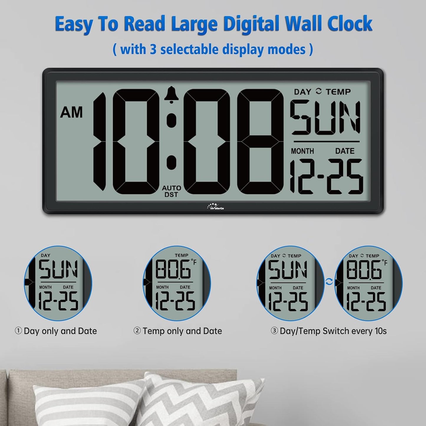 WallarGe 14.5'' Large Digital Wall Clock Battery Operated