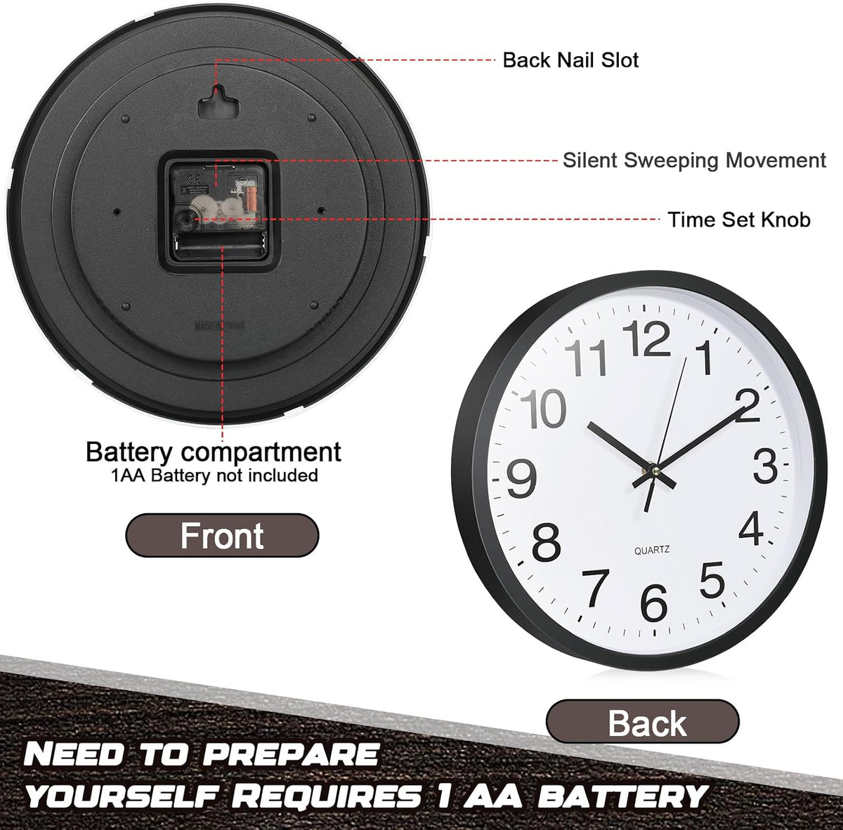 Inbagi 12 Pcs Silent Wall Clocks 12 Inch Large Quartz Analog Clock Black