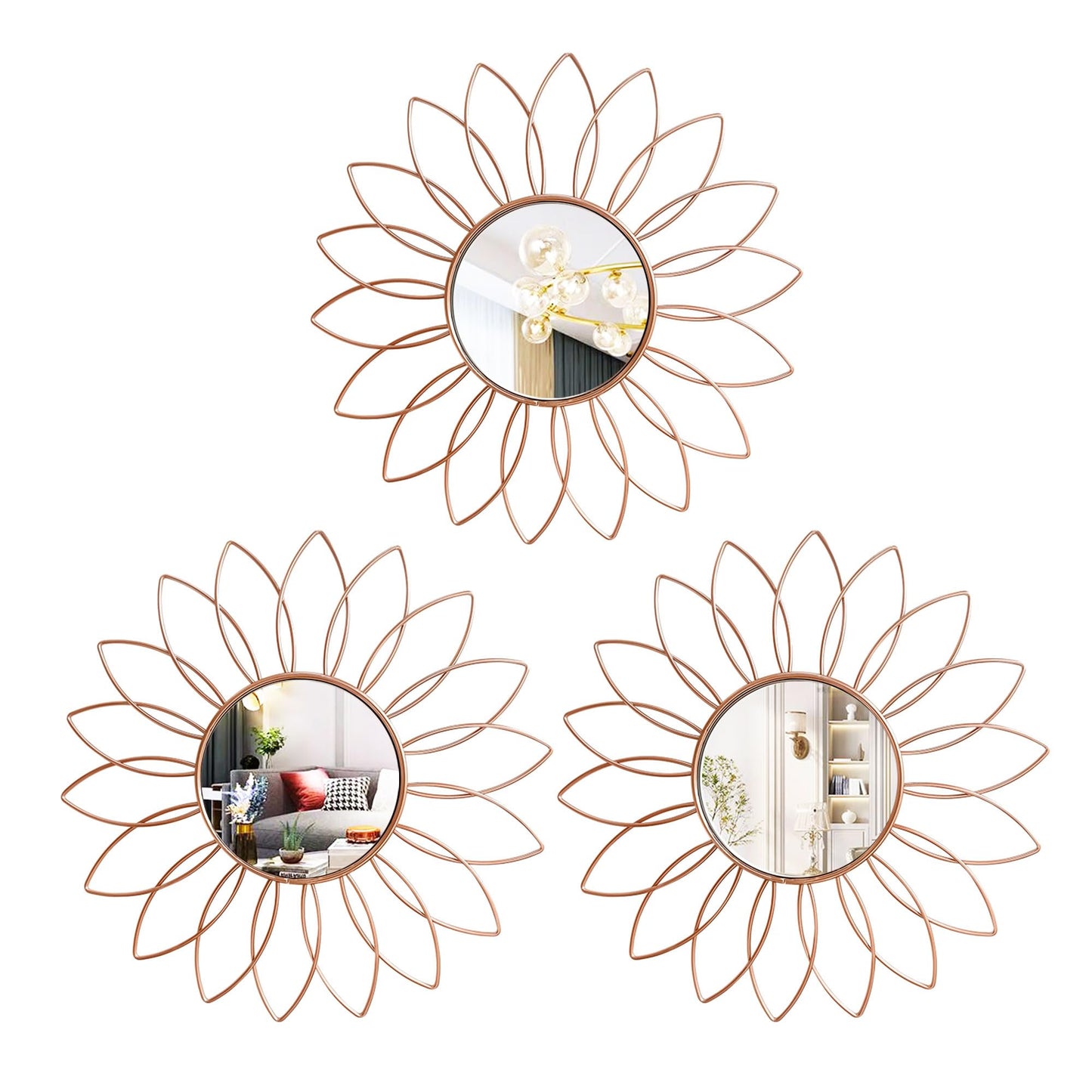 3 Pack Metal Mirrors for Wall Sunburst Wall Mirrors Home Décor Decorative Hanging Wall Art for Living Room Bedroom Entryway (Gold, Flower+Sunburst)
