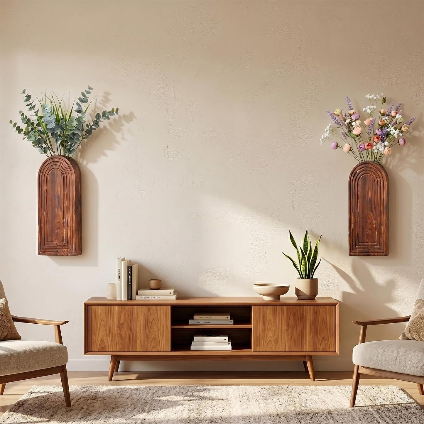 2 Pack Wooden Wall Vase Set, YOPIKUU Brown Boho Hanging Wall Planter Vase