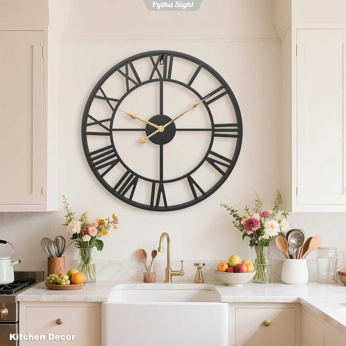 Pytha Sight 24 Inch Roman Numerals Large Wall Clocks for Living Room Decor