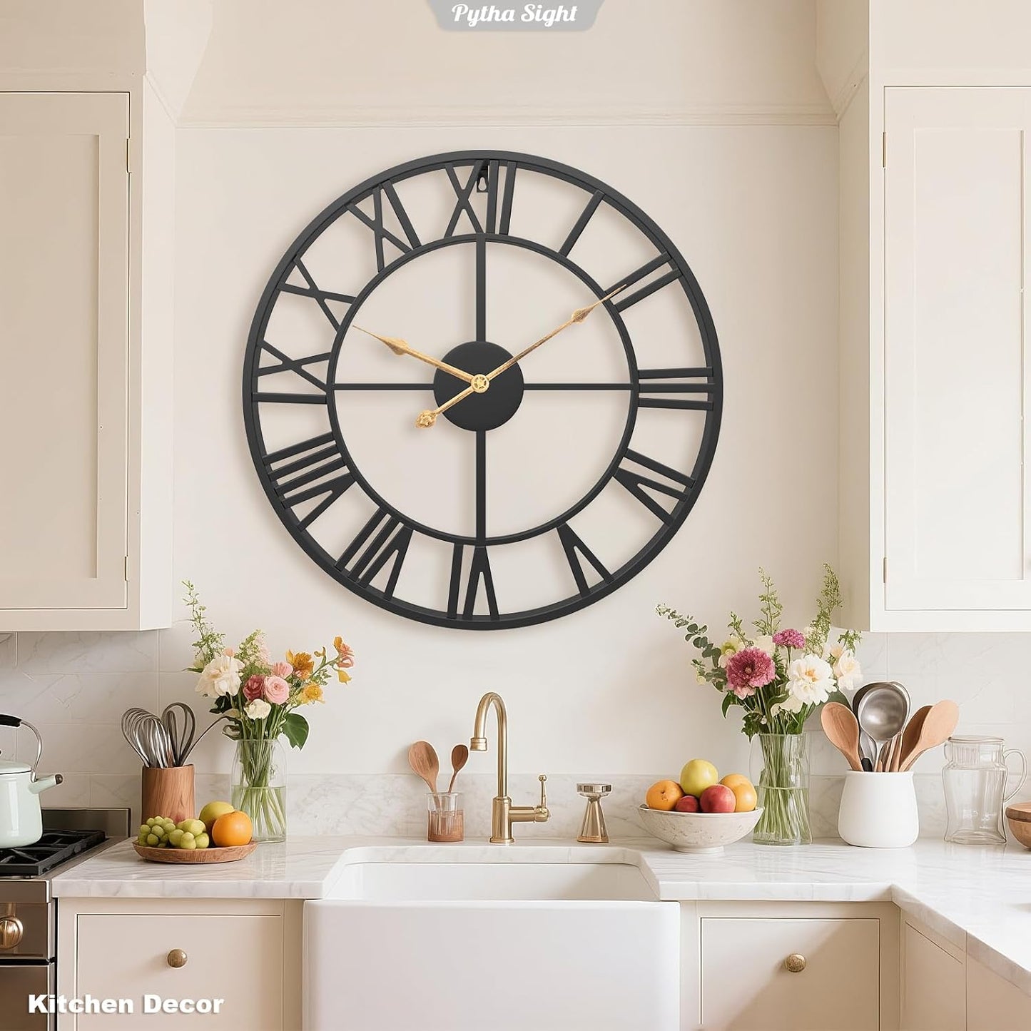 Pytha Sight 24 Inch Roman Numerals Large Wall Clocks for Living Room Decor