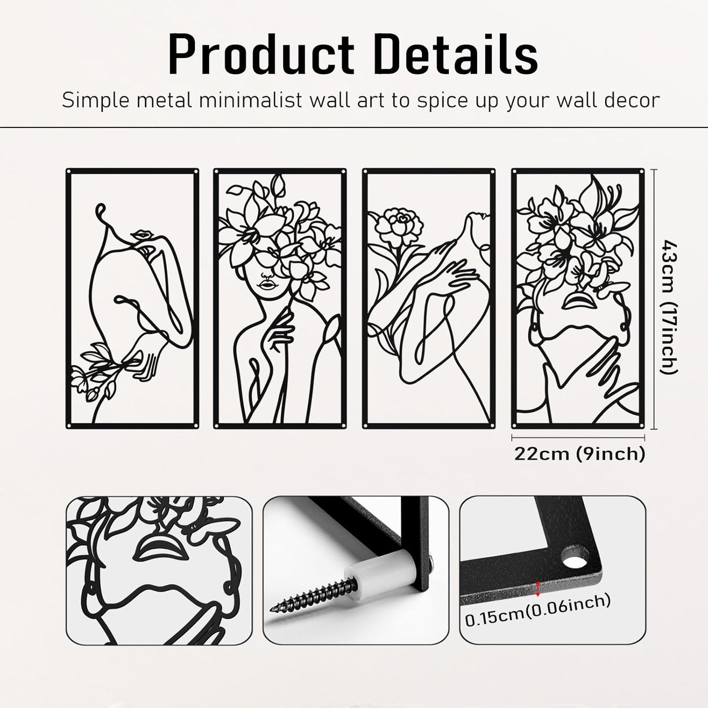 Black Metal Abstract Wall Art, Minimalist Woman Flower Bathroom Wall Decor