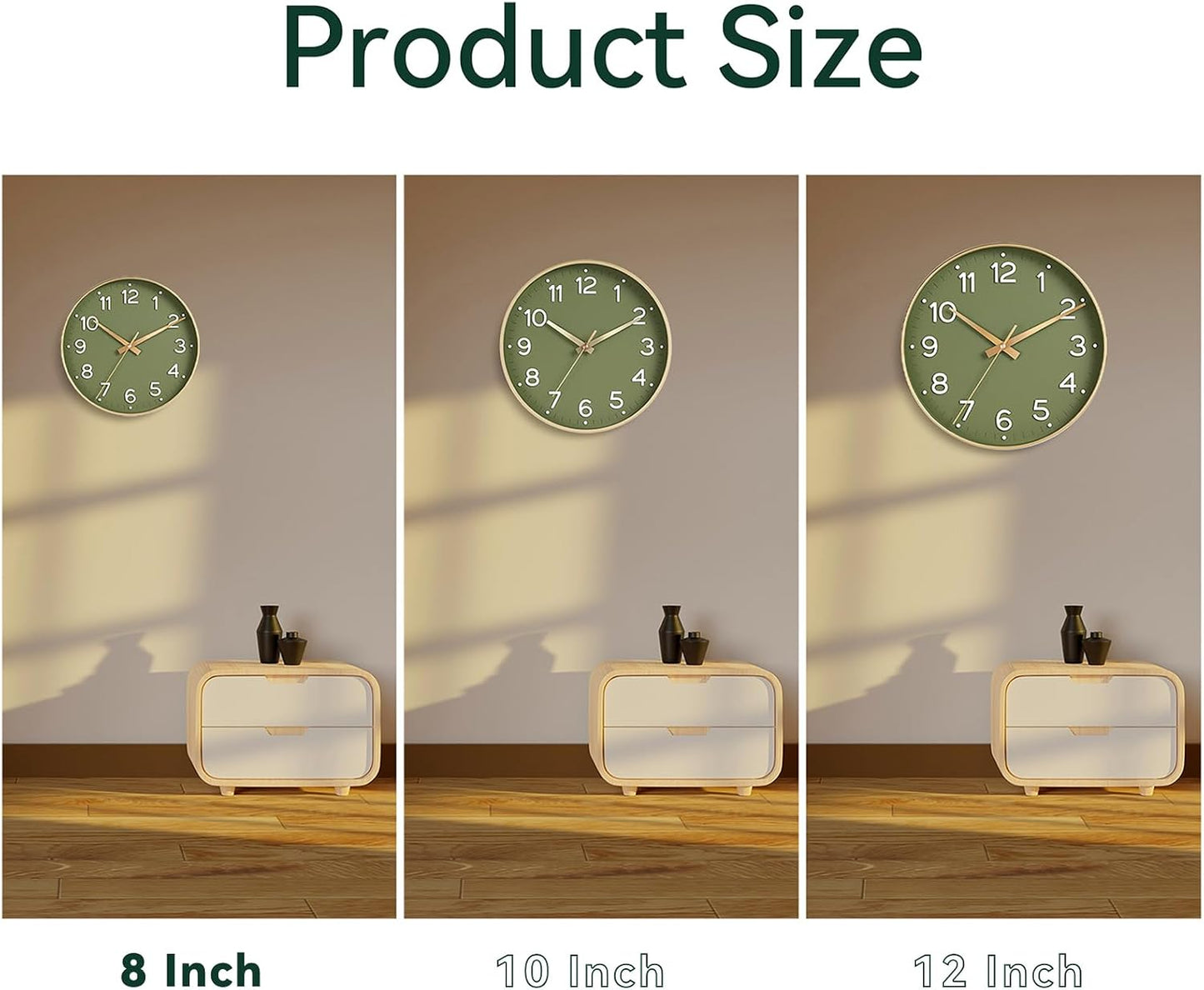 Roymnie 8 Inch Wall Clock, Battery Operated Silent Non Ticking Green Analog
