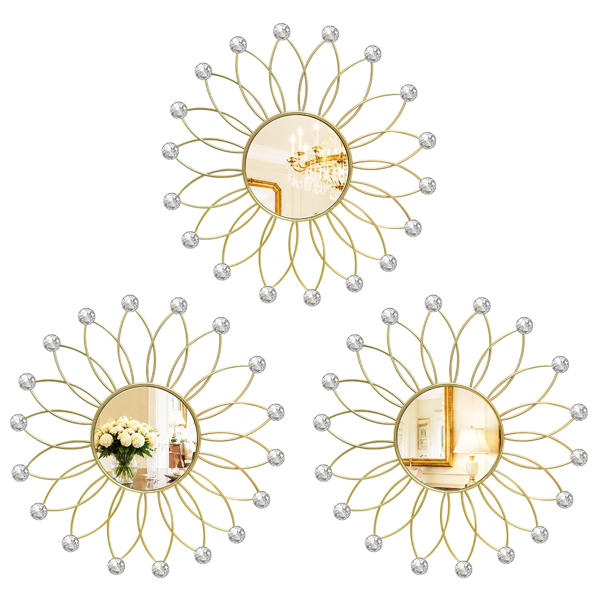 3 Pack Metal Mirrors for Wall Sunburst Wall Mirrors Home Décor Decorative Hanging Wall Art for Living Room Bedroom Entryway (Gold, Flower+Sunburst)