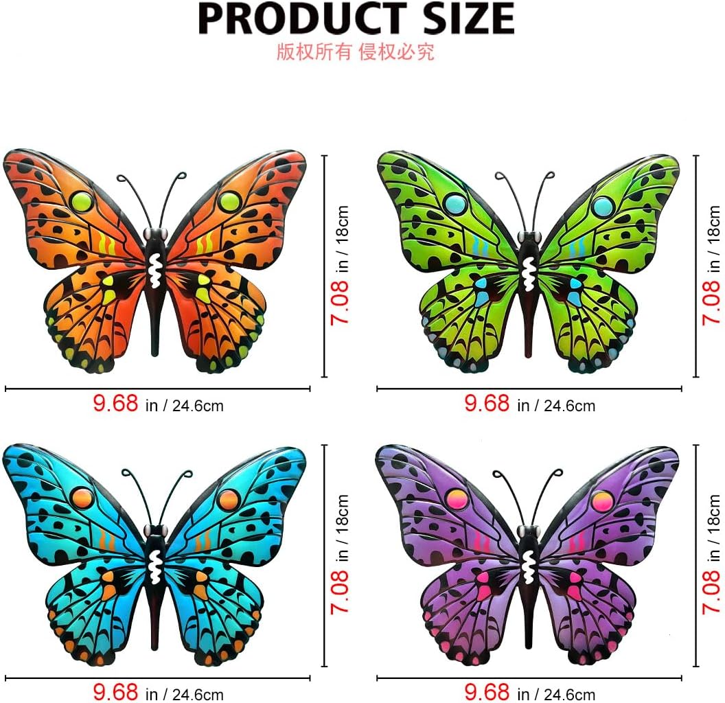 Metal Butterfly Wall Decor - 9.6" Outdoor Fence Wall Art Decor, Hanging Decoration for Garden Yard Living Room Bedroom Patio Balcony(4 Pack)