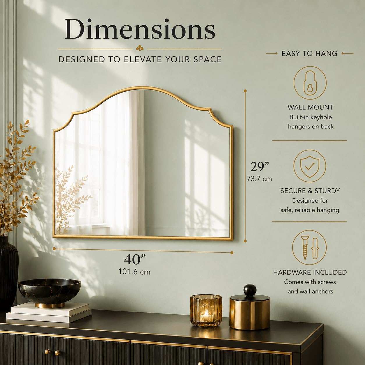 40"x29" Large Arched Gold Wall Mirror,Scalloped Edge Modern Bathroom Mirror